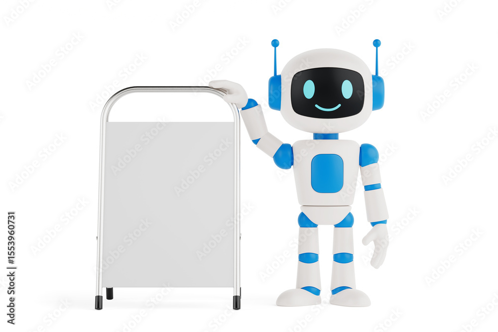 Poster communication and promotion concept. cute friendly ai robot mascot standing with blank metal signboa