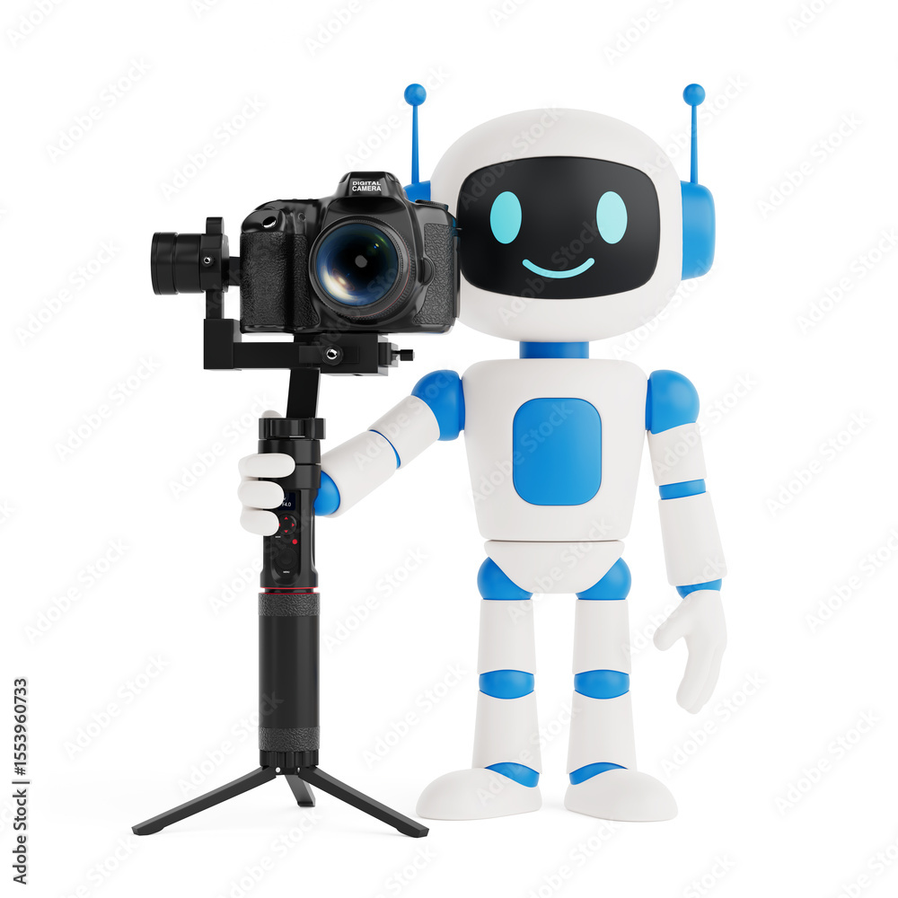 Poster creativity and technology concept. cute friendly ai robot mascot holding professional camera on trip