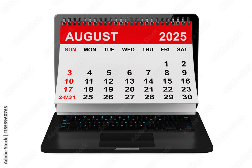 Aufkleber 2025 year calendar. august calendar over laptop screen. 3d rendering