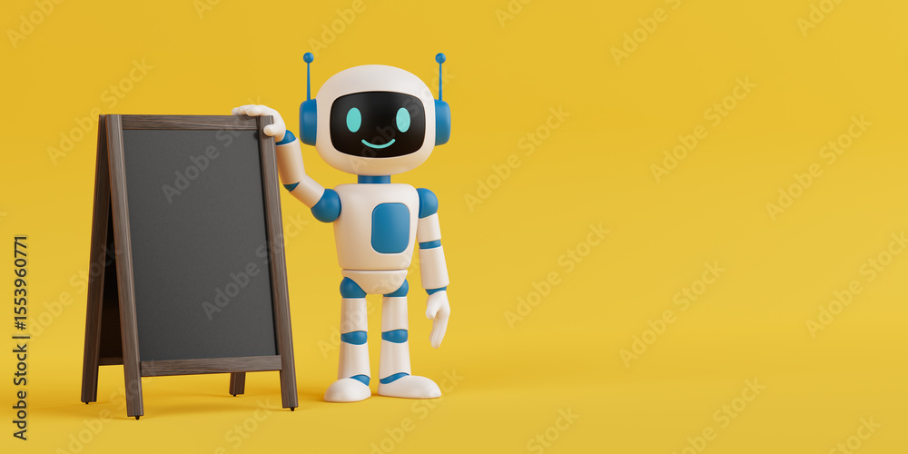 Poster Communication And Promotion Concept. Cute Friendly AI Robot Mascot Standing Next To Blank Chalkboard Menu Banner. 3d Rendering