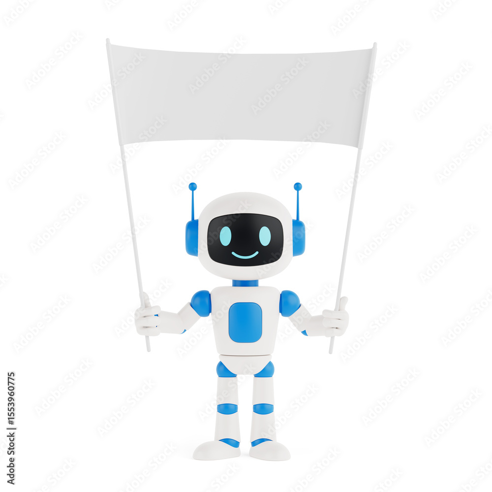 Poster communication and message concept. cute friendly ai robot mascot holding blank banner white flag. 3d