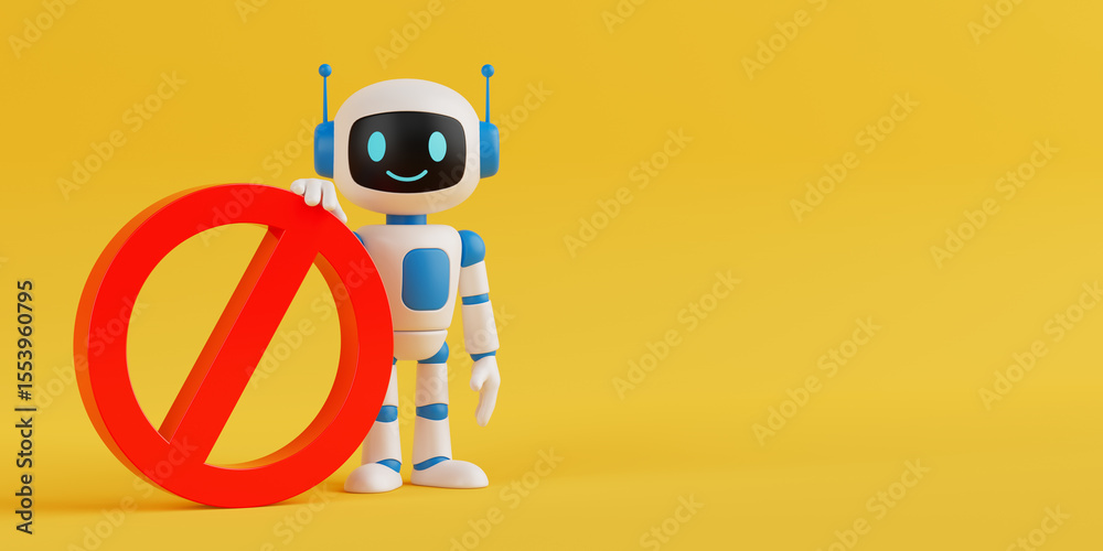 Poster Warning And Restriction Concept. Cute Friendly AI Robot Mascot Holding Red Prohibition Symbol. 3d Rendering