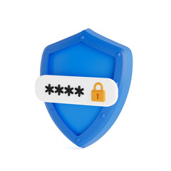 Cybersecurity And Privacy Concept. Blue Shield With Password Field And Lock Icon. 3d Rendering