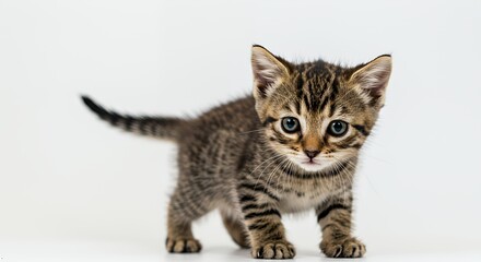 Obraz premium Tiny Tortoiseshell Kitten with Wide Eyes Posing in Studio Against White Background Showing Striped Fur in a Portrait Style