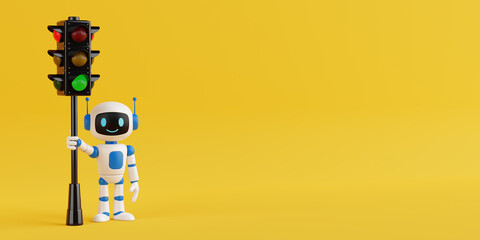 Safety And Navigation Concept. Cute Friendly AI Robot Mascot Standing With Traffic Ligh. 3d...
