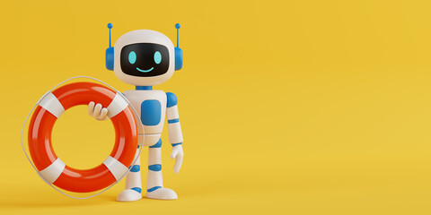 Support And Safety Concept. Cute Friendly AI Robot Mascot Holding Lifebuoy Ring. 3d Rendering