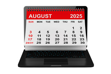 2025 year calendar. August calendar over laptop screen. 3d rendering