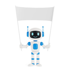Communication And Message Concept. Cute Friendly AI Robot Mascot Holding Blank Banner White Flag....