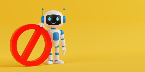 Warning And Restriction Concept. Cute Friendly AI Robot Mascot Holding Red Prohibition Symbol. 3d Rendering
