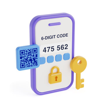 Security And Verification Concept. Smartphone With 2FA Code, QR Code, Lock And Key Icon. 3d Rendering