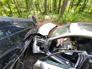 Two cars are heavily damaged after collision on secluded forest road amid dense greenery trees.