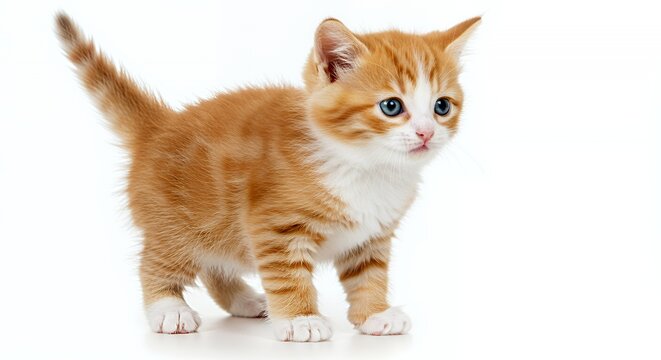 Orange and White Kitten with Blue Eyes Standing Isolated on White Background in Studio Lighting Cute Young Animal Portrait