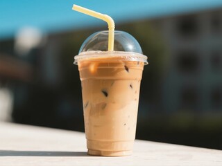 Iced Milo in Plastic Cup with Straw on Sunny Day