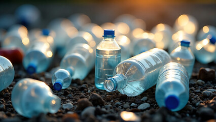 Empty plastic bottles scattered across a littered landfill, reflecting sunlight, highlighting environmental pollution. Depict the problem of plastic waste accumulation.