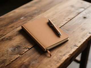 Flat Lay of Notebook and Pen on Rustic Wooden Table
