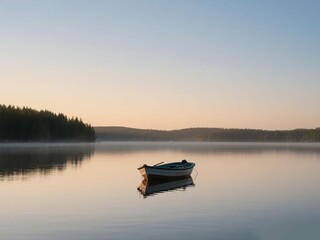 Small Fishing Boat on Calm Misty Lake During Sunrise