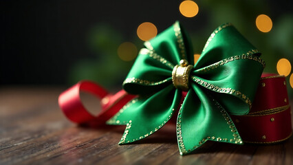 A vibrant, high-angle, full shot of a lush green bow, elegantly placed for a festive holiday scene.  The focus is on the beautiful bow details from an aerial perspective.  Soft, diffused natural light