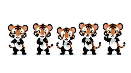 Obraz premium Silhouette Tiger Cubs – 5 Adorable Black Vector Baby Tigers in Playful Poses on White