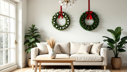 A bright, cozy living room with neutral tones, decorated with green Christmas wreaths and bathed in natural sunlight. Ideal for holiday home decor or seasonal interior design
