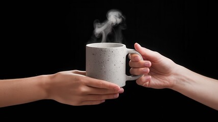 Offering warmth: Hands exchanging a steaming cup on a dark canvas background