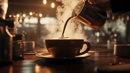 A barista pours steaming hot coffee into a cup on a rustic wooden counter, bathed in the warm, inviting glow of string lights in a cozy cafe setting.