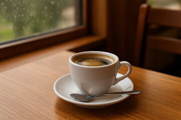 A warm and inviting cup of coffee in a white ceramic mug, placed on a saucer with a spoon, sits on a polished wooden table by the window. The soft morning light and raindrops outside create a calm, co