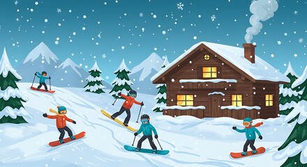 Children Skiing Snowboarding Near Cabin in Winter