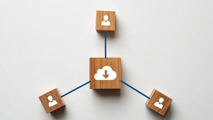 Wooden blocks with people icons connected to cloud download