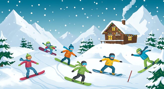 Children snowboarding in a winter landscape with a cabin