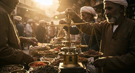 Golden Hour Spices: A Merchant Weighs Precious Goods in a Vibrant Market