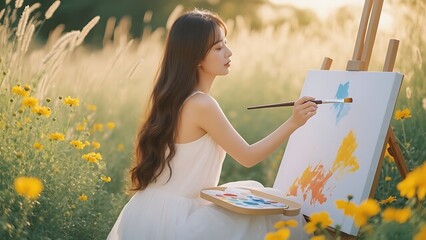 A young woman in a white dress paints on an easel in a sun-drenched field of tall grass and yellow flowers, capturing the serene beauty of nature.