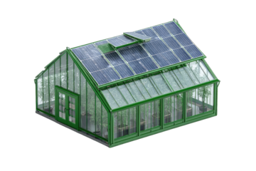A green glass greenhouse with solar panels on its roof, showcasing various plants inside, sits on a gray base
