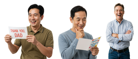 Appreciative Asian Men Holding Cards, Celebrating Friendship and Gratitude, Smiling Expressions