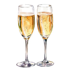 Champagne Flutes, watercolor clipart vector, isolated on a white background.