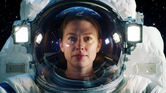 Female Astronaut in Spacesuit Smiling During Space Mission