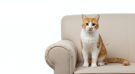 Orange and White Cat Sitting on Sofa Isolated on White Background for Decoration Illustrations and Designs