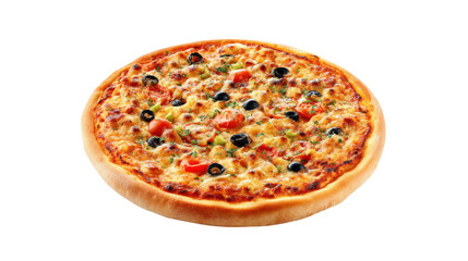 Delicious whole pizza with melted cheese olives and tomatoes isolated on transparent background