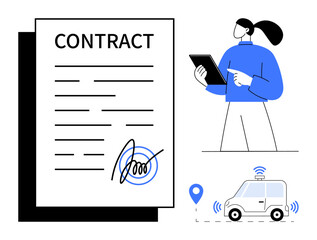 Contract paperwork with signature, person using a tablet, connected vehicle with GPS marker. Ideal for technology, legal services, remote agreements, mobility, digital transformation, automation