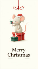 Naklejka premium Festive mouse and mistletoe sitting on gift box for christmas greeting card design