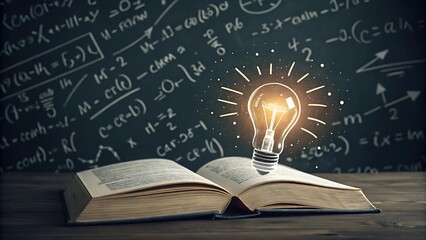 
Illuminate your mind: a glowing bulb over an open book, symbolizing knowledge and ideas. A blackboard filled with equations serves as the backdrop.