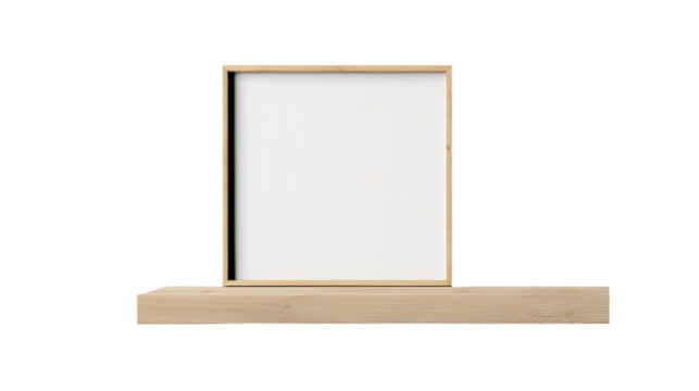 Minimalist wooden frame with blank white paper on a wooden shelf isolated on transparent background