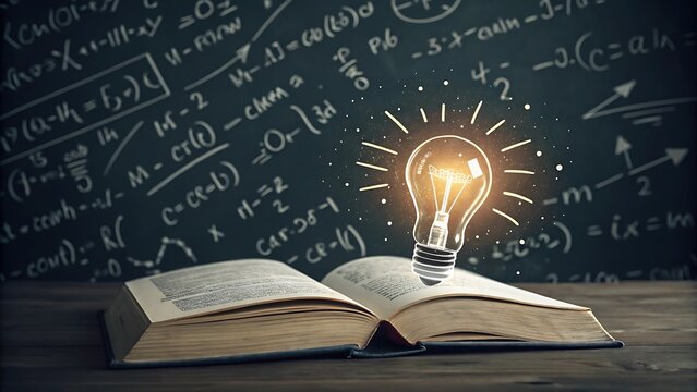 
Illuminate your mind: a glowing bulb over an open book, symbolizing knowledge and ideas. A blackboard filled with equations serves as the backdrop. - Powered by Adobe