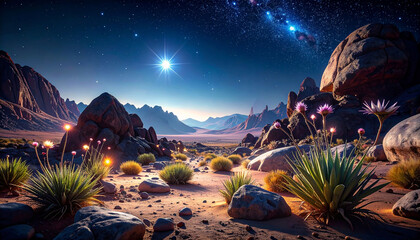 Starry night sky over a desert landscape with bioluminescent plants and rocky mountains, showcasing a vibrant celestial event and diverse flora