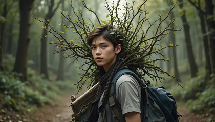 A young person stands amidst a lush forest, carrying a bundle of branches with fresh green leaves on their back, evoking a sense of connection with nature and resourcefulness.