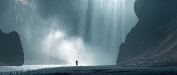 Majestic waterfall cascading down rocky cliffs with a solitary figure standing on the shore, mist rising