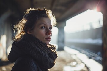 portrait of a sad woman at the railway station in the winter