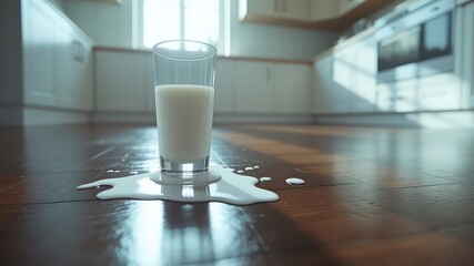 Glass of Fresh Liquid Spilled on a Wood Floor in a Bright Interior Space Ready to Clean