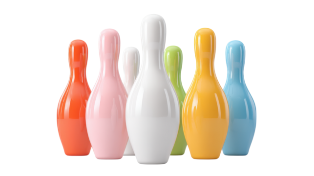 A group of colorful glossy bowling pins arranged on a transparent background isolated on transparent background