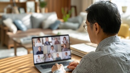 Businessman attending an online video conference meeting with colleagues while working remotely from his home office