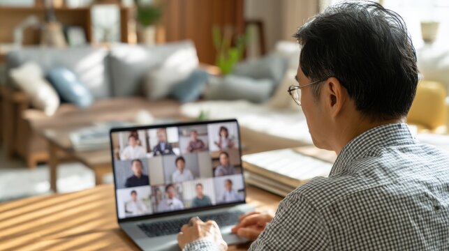 Businessman attending an online video conference meeting with colleagues while working remotely from his home office